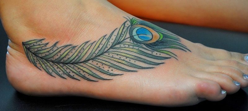 Nice Right Foot Peacock Feather Tattoo