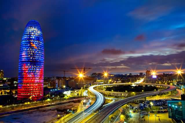 Night View Of The Torre Agbar In Barcelona