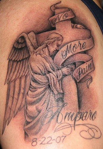 No More Pain Banner With Angel Tattoo On Shoulder