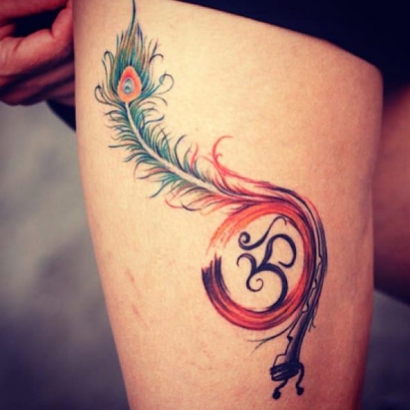 Om Symbol And Peacock Feather Tattoo On Side Thigh