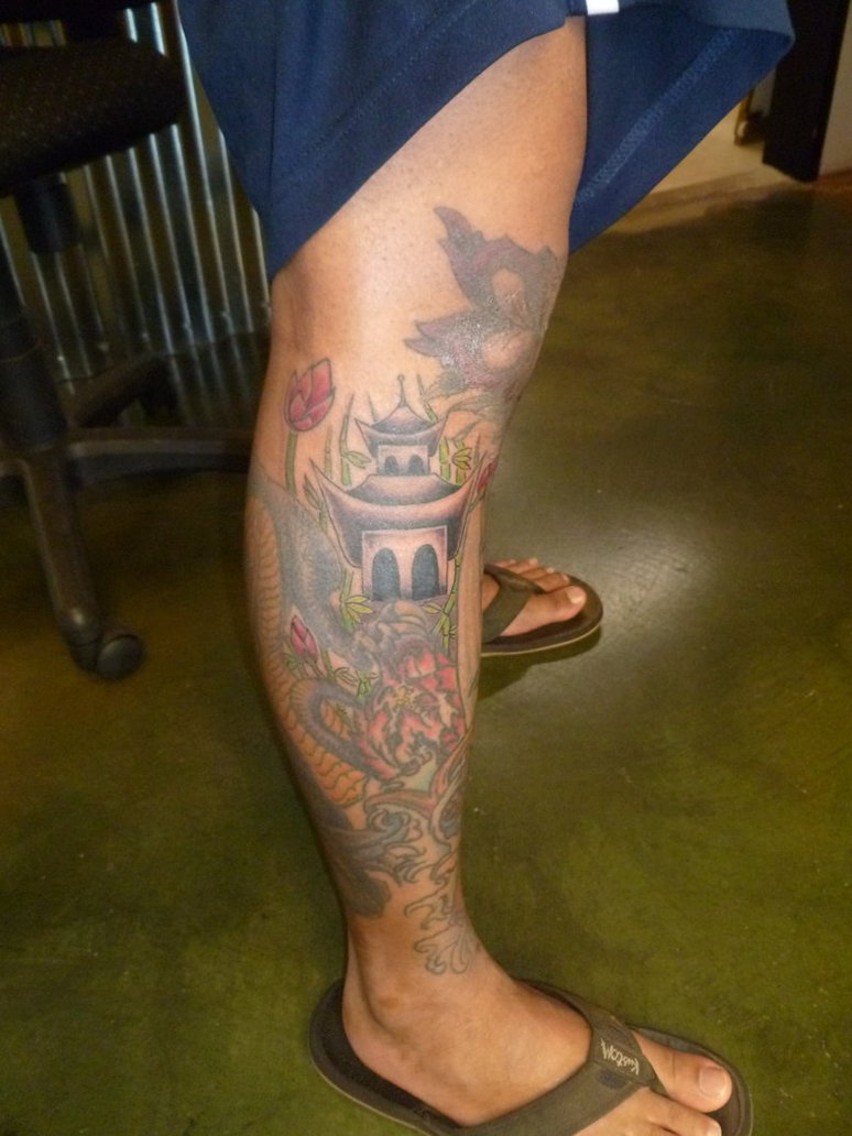 Pagoda With Flowers Tattoo On Right Leg By Tyler Bishop