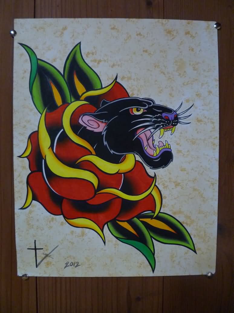 Panther Head In Rose Tattoo Design