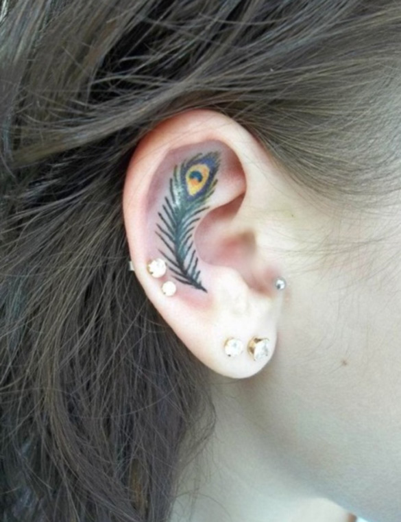 Peacock Feather Tattoo Inside Ear