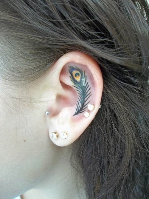 Peacock Feather Tattoo Inside Left Ear