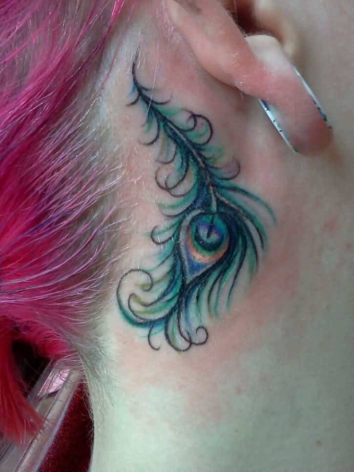 Peacock Feather Tattoo On Behind The Ear