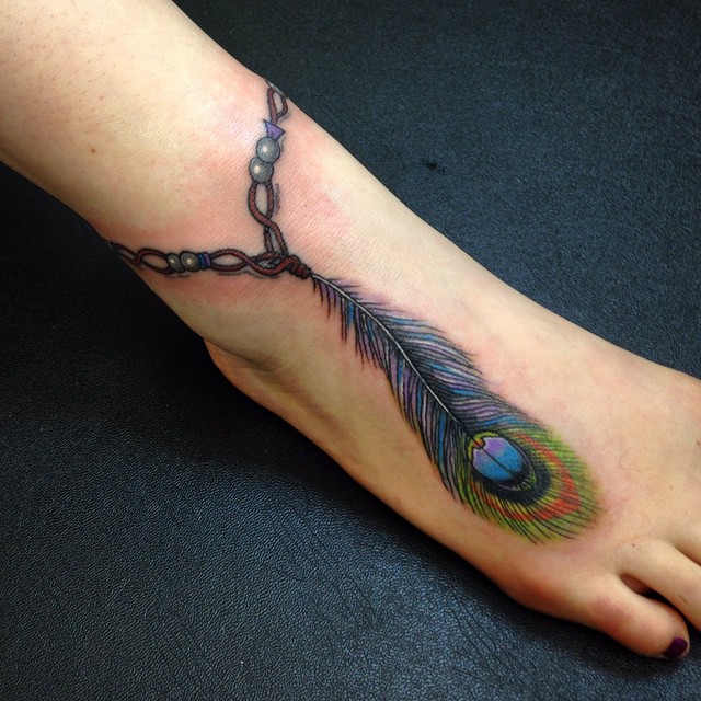 Peacock Feather Tattoo On Girl Ankle