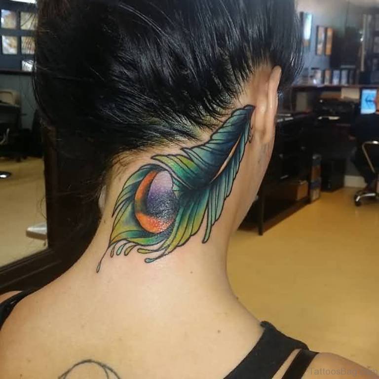 Peacock Feather Tattoo On Girl Nape