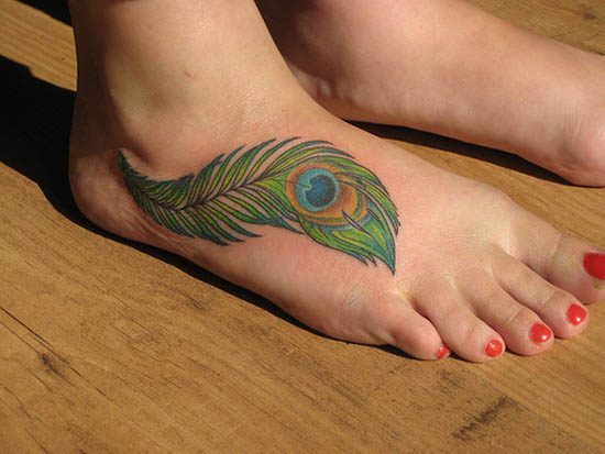 Peacock Feather Tattoo On Girl Right Foot