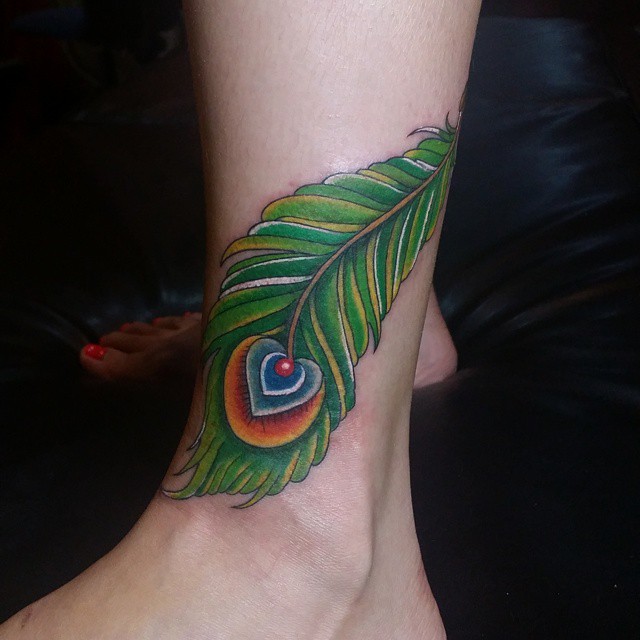 Peacock Feather Tattoo On Left Ankle