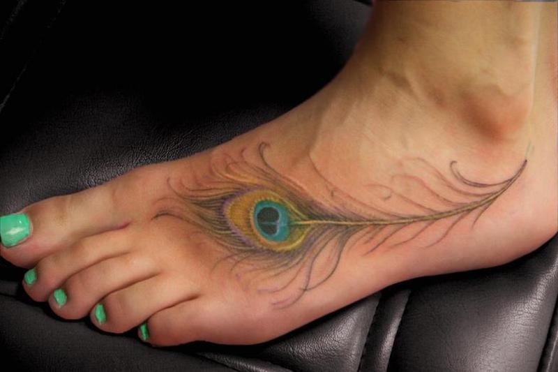 Peacock Feather Tattoo On Left Foot