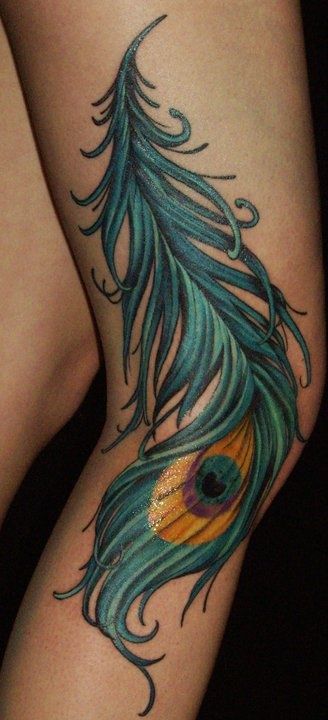 Peacock Feather Tattoo On Leg Sleeve