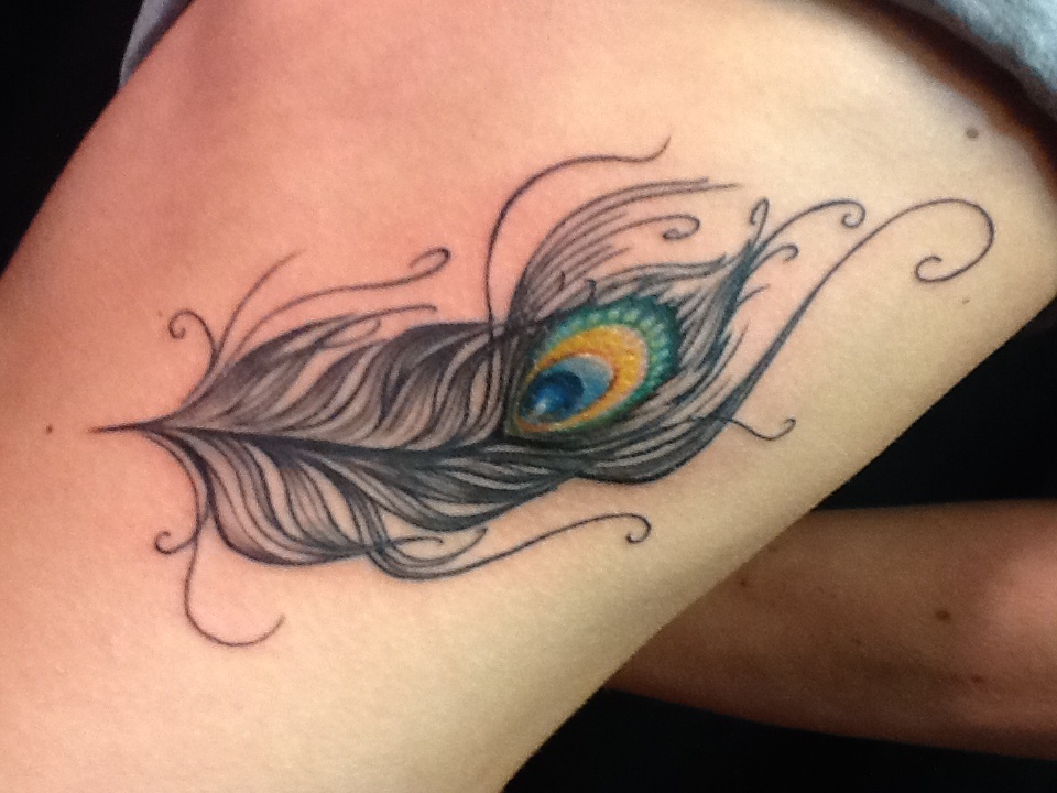 Peacock Feather Tattoo On Side Thigh