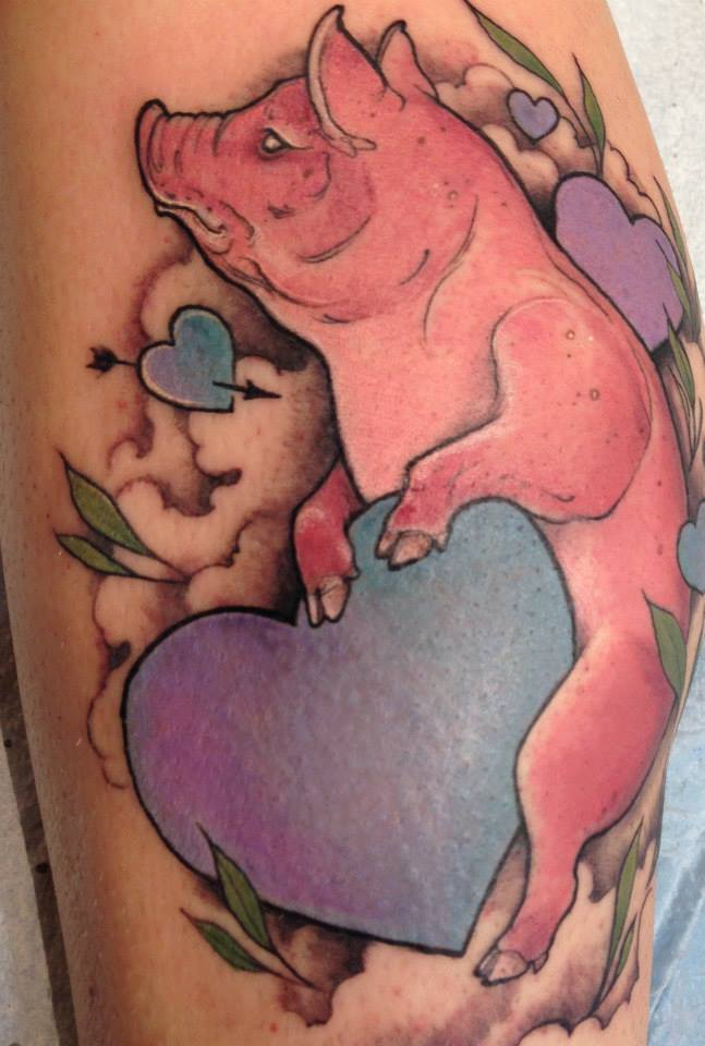 Pig With Heart Tattoo Design For Leg By Shawn Hebrank