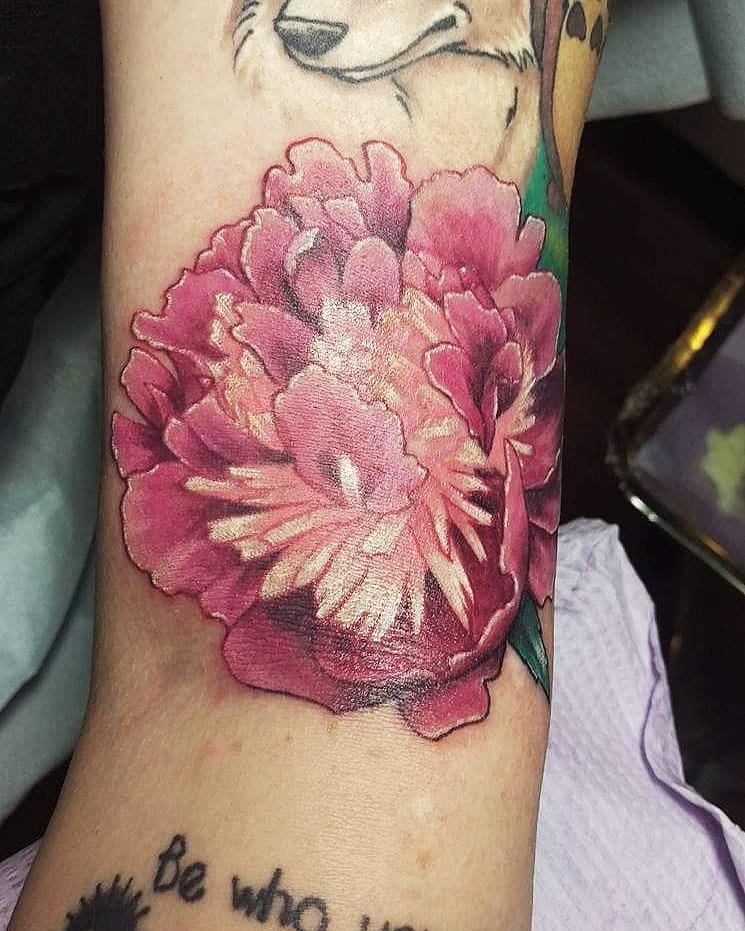 Pink Ink Peony Flower Tattoo On Left Half Sleeve