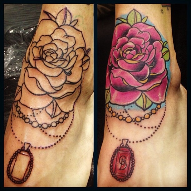Pink Rose Tattoo On Girl Left Foot
