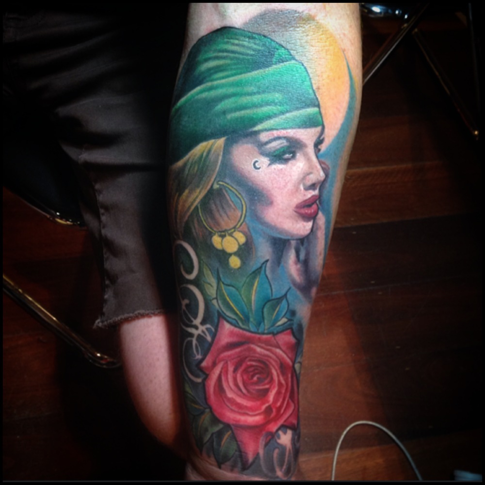 Pirate Girl Face With Rose Tattoo On Left Forearm By Fabz