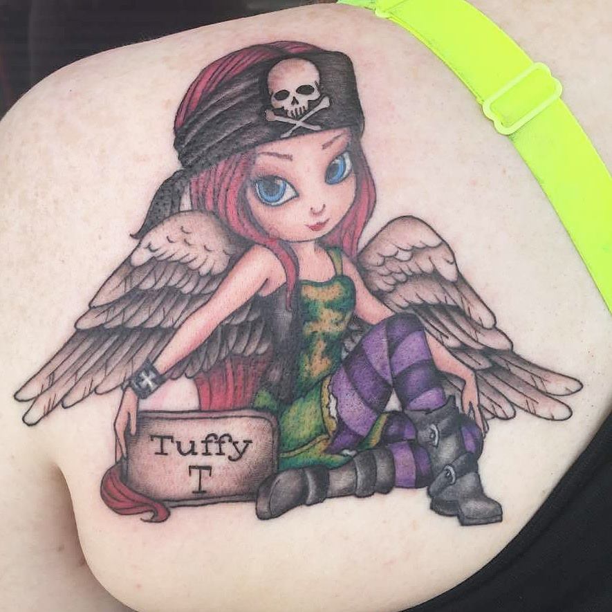 Pirate Girl With Angel Wings Tattoo On Women Left Back Shoulder