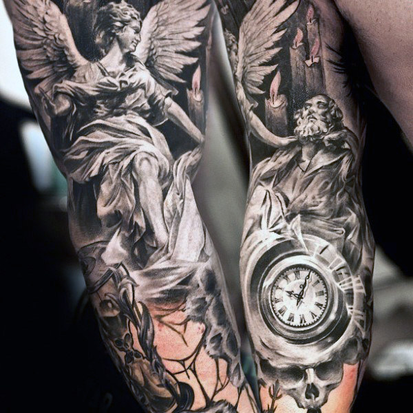 Pocket Watch And 3D Angel Tattoo On Arm Sleeve