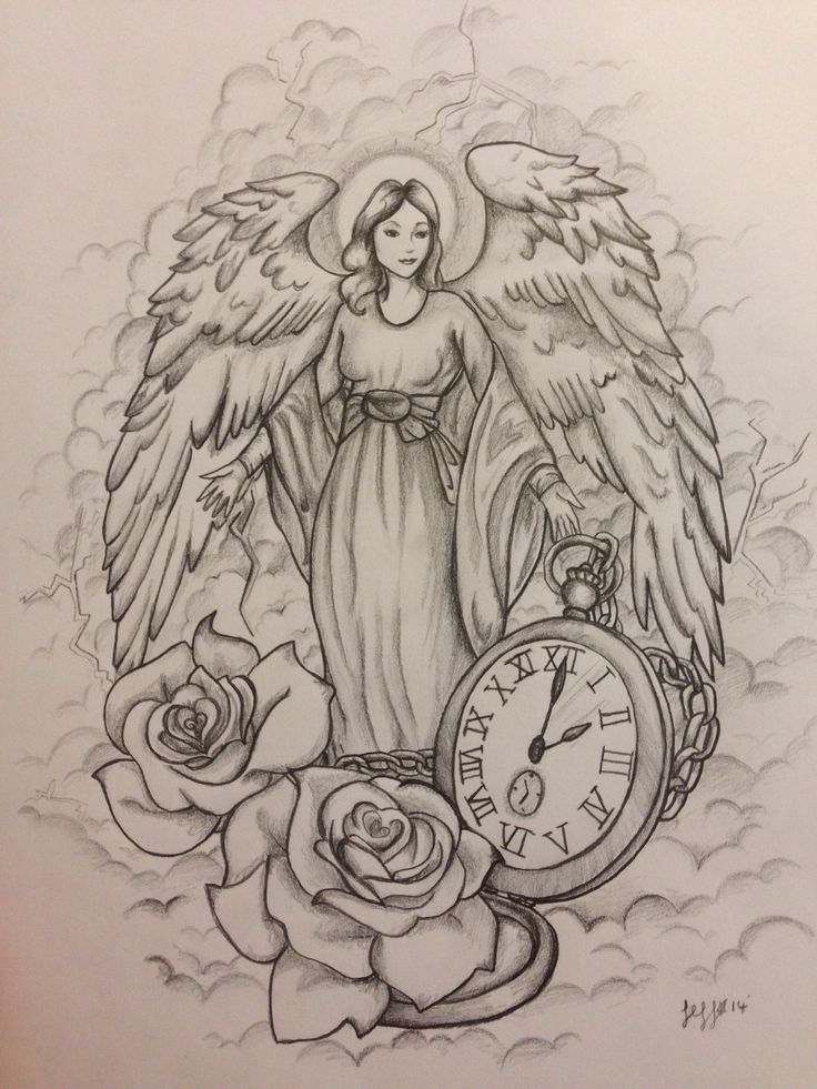 Pocket Watch With Roses And Angel Tattoo Design