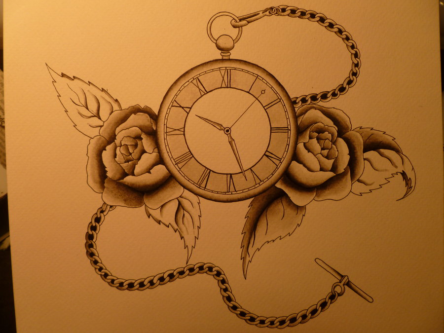Pocket Watch With Roses Tattoo Design