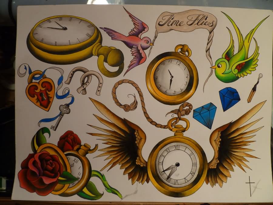 Pocket Watch With Roses And Flying Bird Tattoo Design