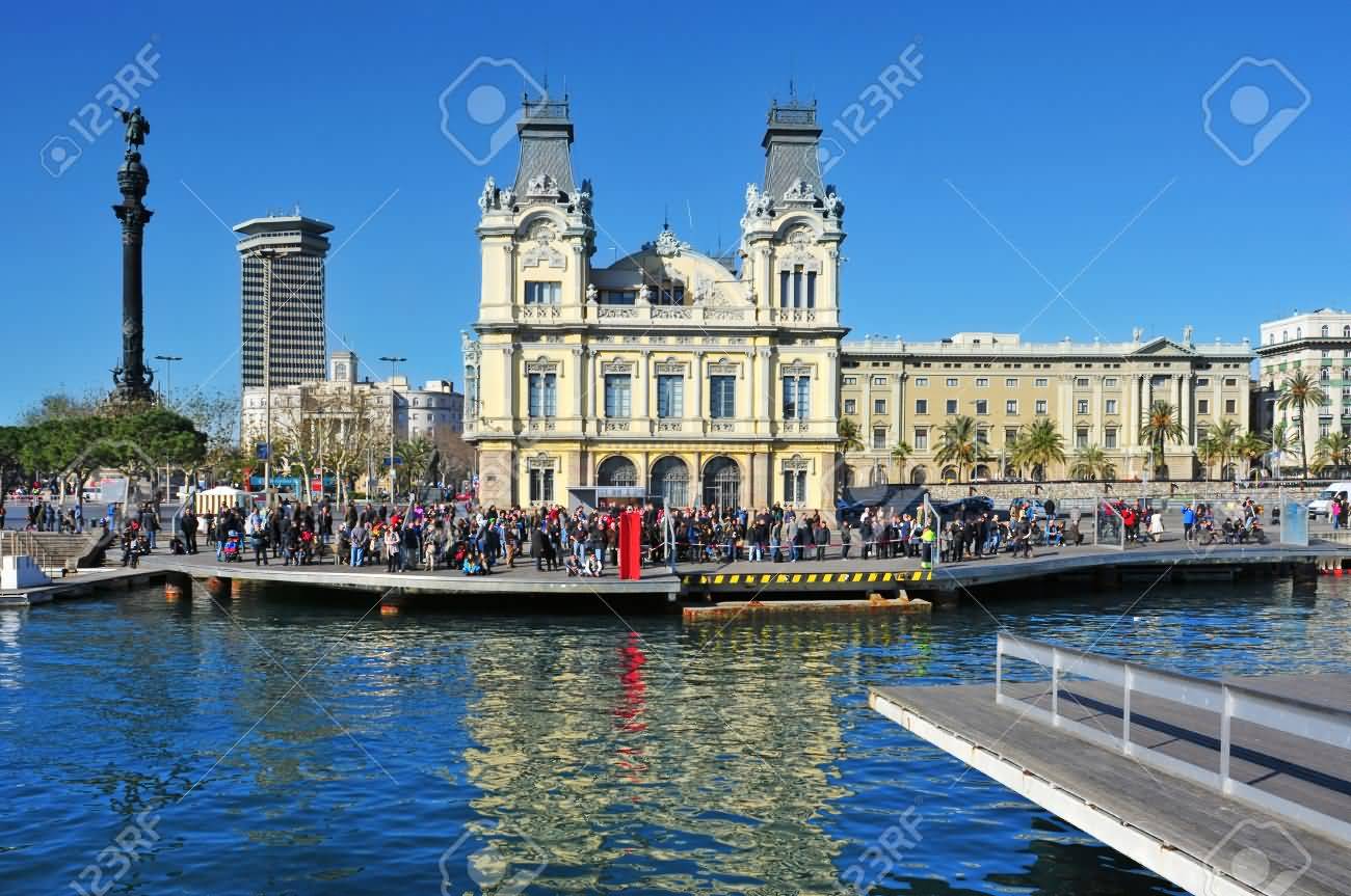 Port Vell And Columbus Monument In Barcelona