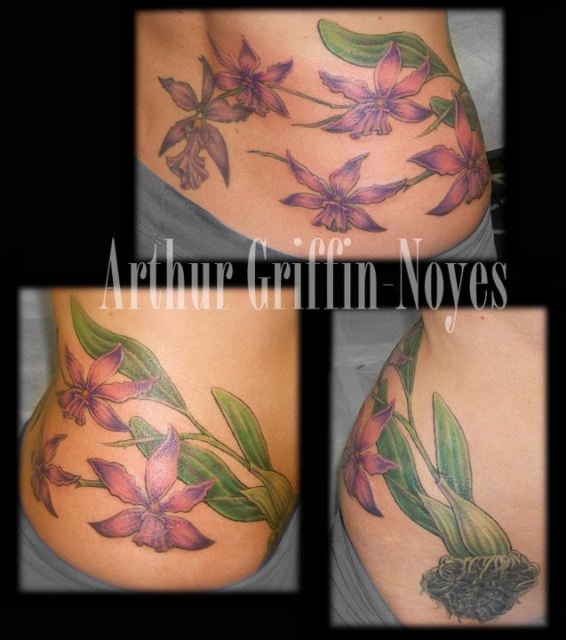 Purple Ink Flowers Tattoo On Right Side Rib By Arthur Griffin Noyes