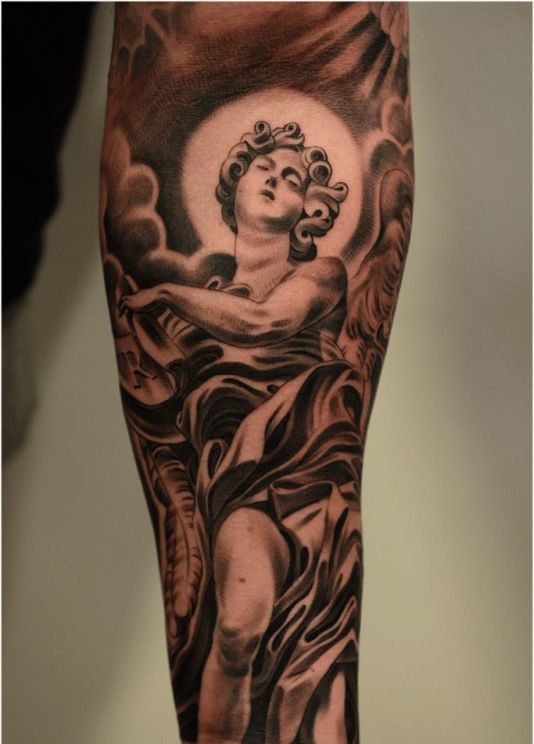 Realistic Angel Tattoo On Arm Sleeve