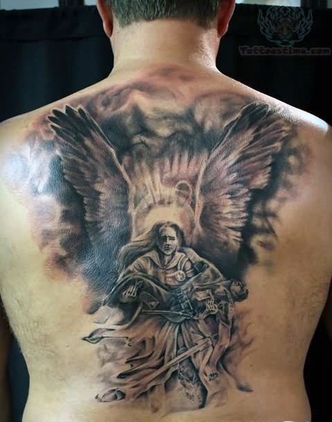 Realistic Angel Tattoo On Man Full Back