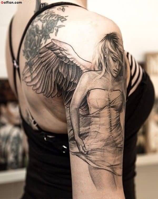 Realistic Angel Tattoo On Right Half Sleeve