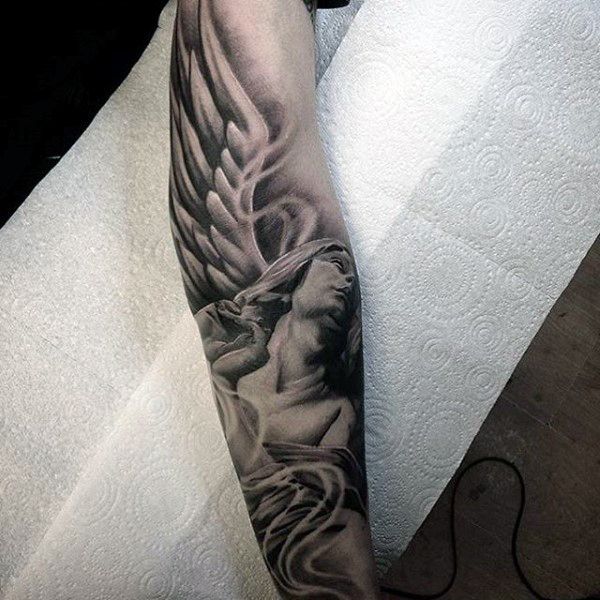 Realistic Grey Ink Angel Tattoo on Forearm