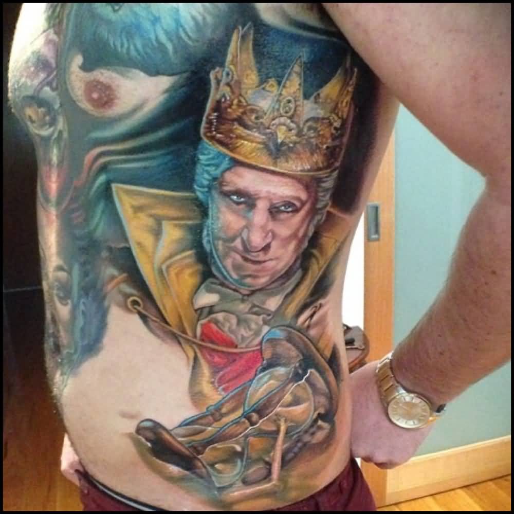 Realistic King Head With Hourglass Tattoo On Man Left Side Rib