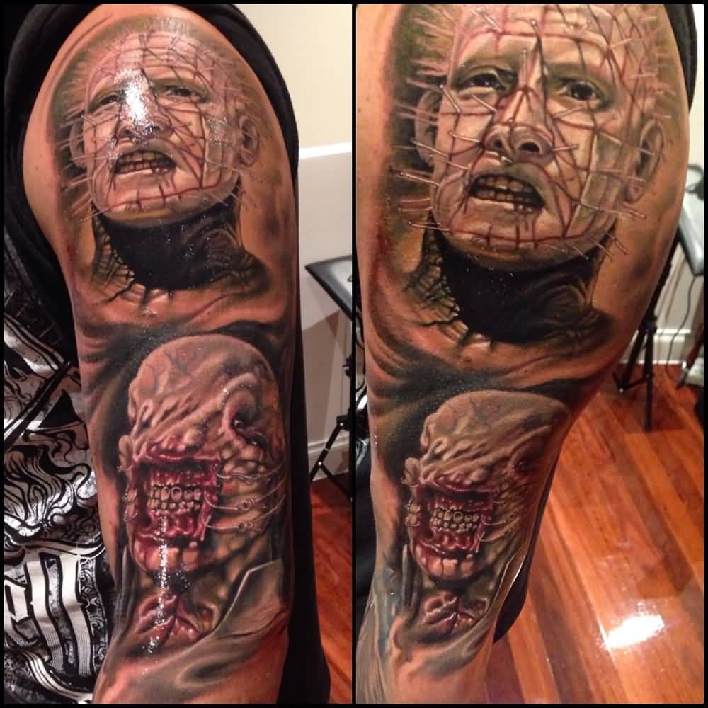 Realistic Pinhead Tattoo On Man Left Half Sleeve By Fabz