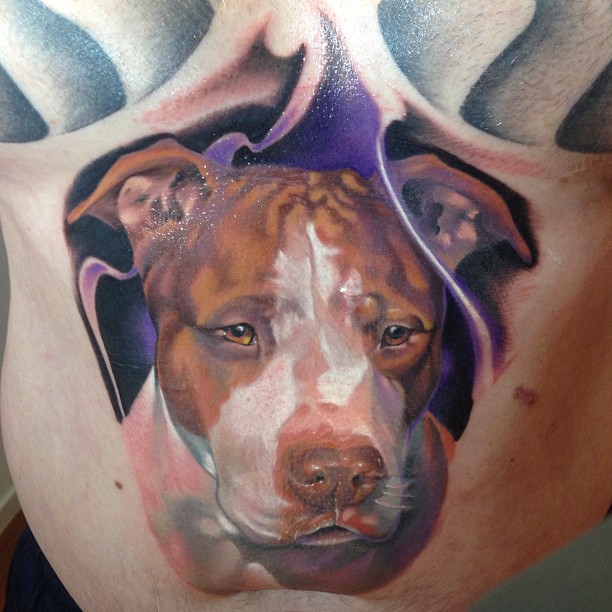 Realistic Pit Bull Head Tattoo Design For Upper Back