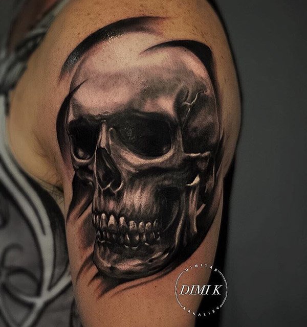 Realistic Skull Tattoo On Left Shoulder