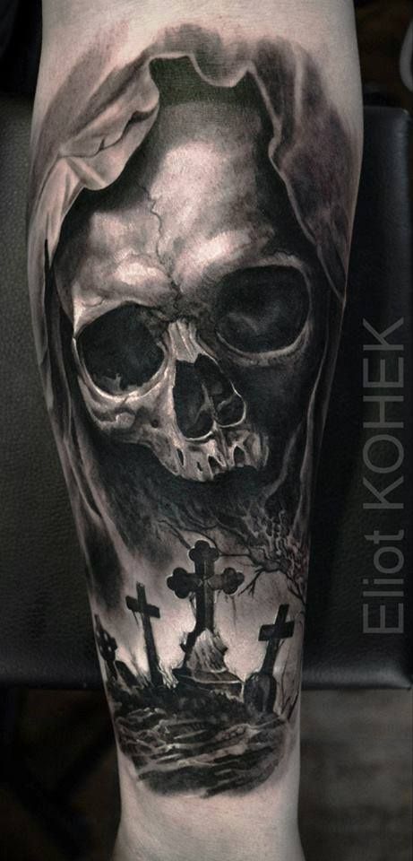 Realistic Skull With Cross Tattoos On Forearm