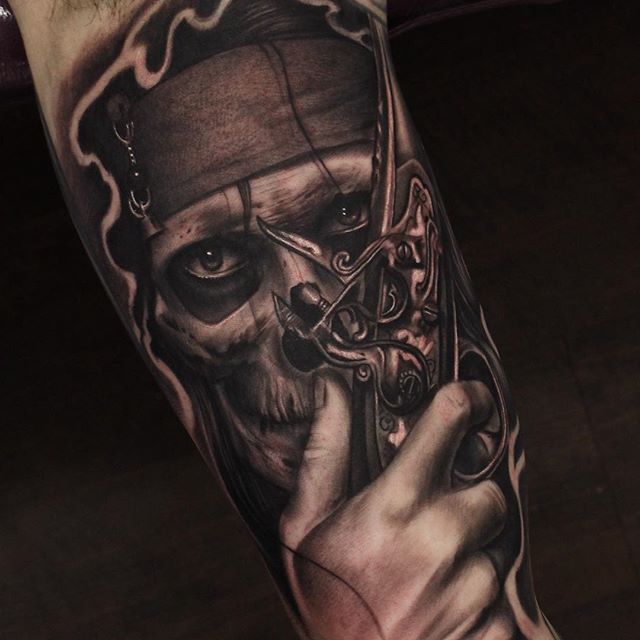 Realistic Skull With Knife Tattoo on Arm Sleeve
