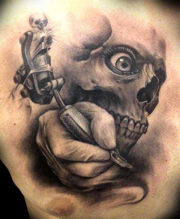 Realistic Skull With Tattoo Machine Tattoo On Chest