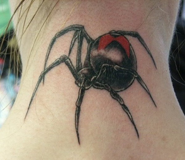 Red And Black Spider Tattoo On Back Neck