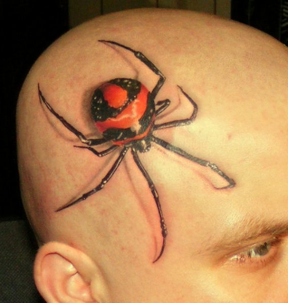 Red And Black Spider Tattoo On Man Head