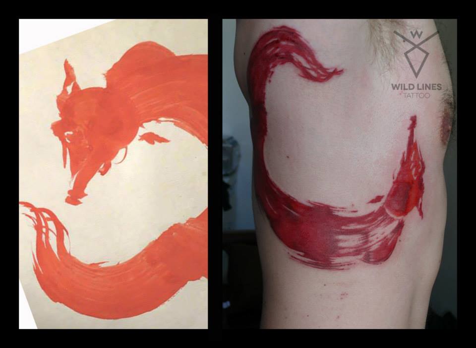 Red Ink Abstract Tattoo On Man Right Side Rib