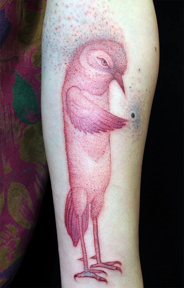 Red Ink Bird Tattoo On Forearm By Jan Mraz