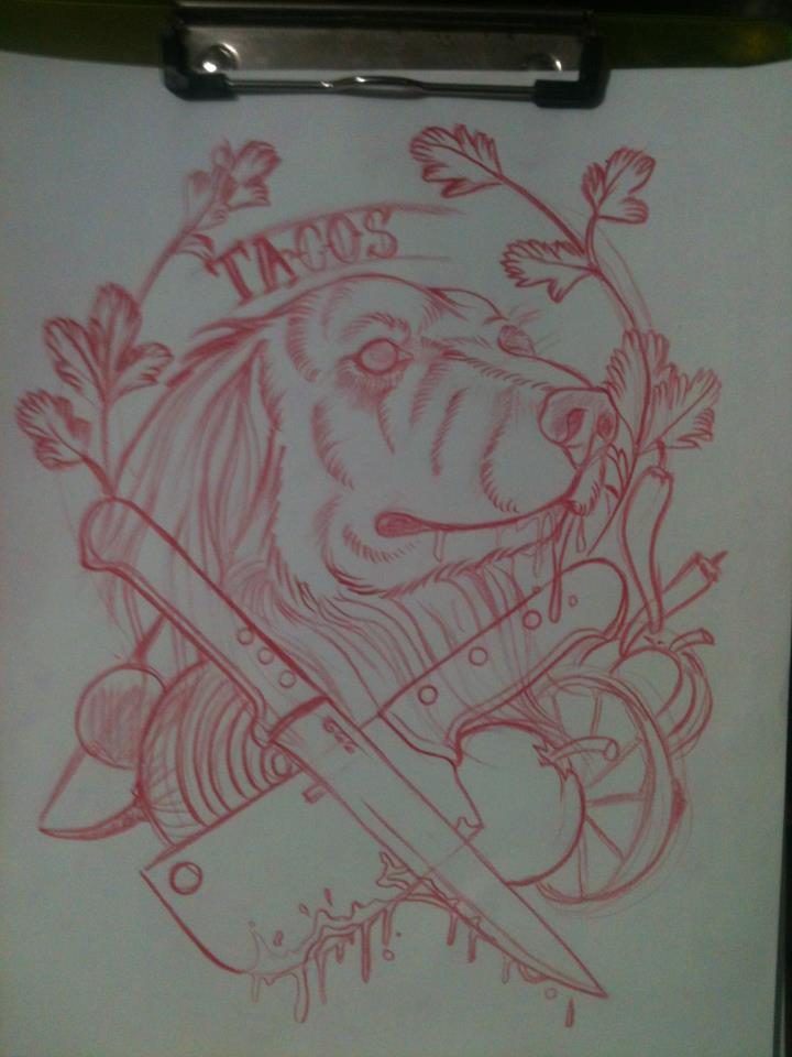 Red Ink Dog Face With Knife Tattoo Design By Piglegion