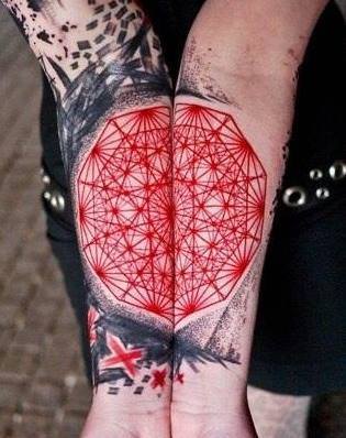 Red Ink Geometric Tattoo On Both Forearm