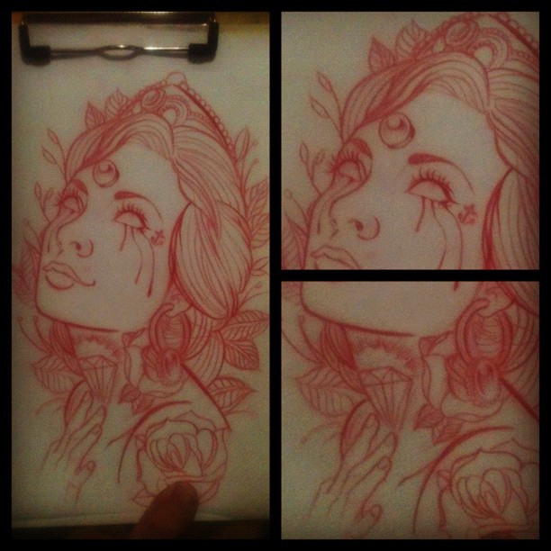 Red Ink Girl Face Tattoo Design