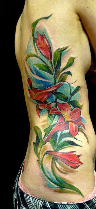 Red Lily Flowers Tattoo On Right Side Rib