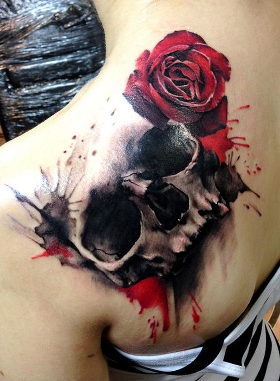 Red Roses And Skull Tattoo On Left Back Shoulder