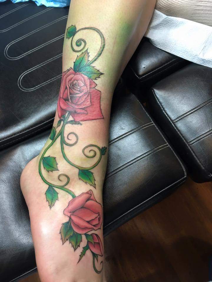 Red Roses Tattoo On Right Foot By Zak Schulte