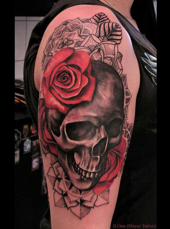 Red Roses and Skull Tattoo On Right Half Sleeve