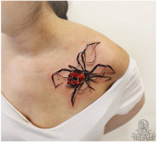 Red Skull And Spider Tattoo On Front Shoulder